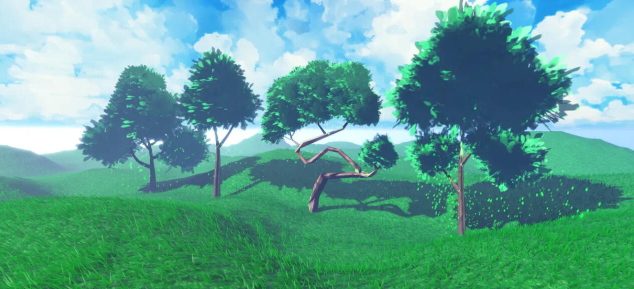 Green, anime stylized trees practice assets